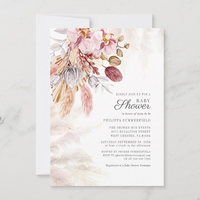 Pampasgräs Boho Torkade Blommor Tan Bebisbad  Inbjudningar (Framsida)