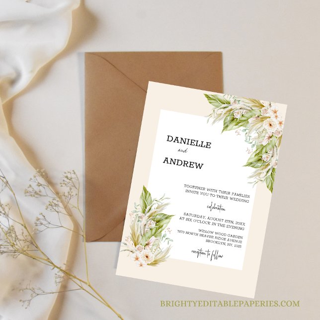 pampasgräs bröllop inbjudningar (Set the tone for a chic and stylish wedding with our tropical pampas grass invitation.)