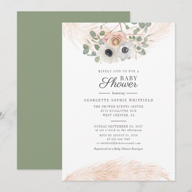 Pampasgräs Eucalyptus Blommig Skript Bebis Shower Inbjudningar (Fram/baksida)
