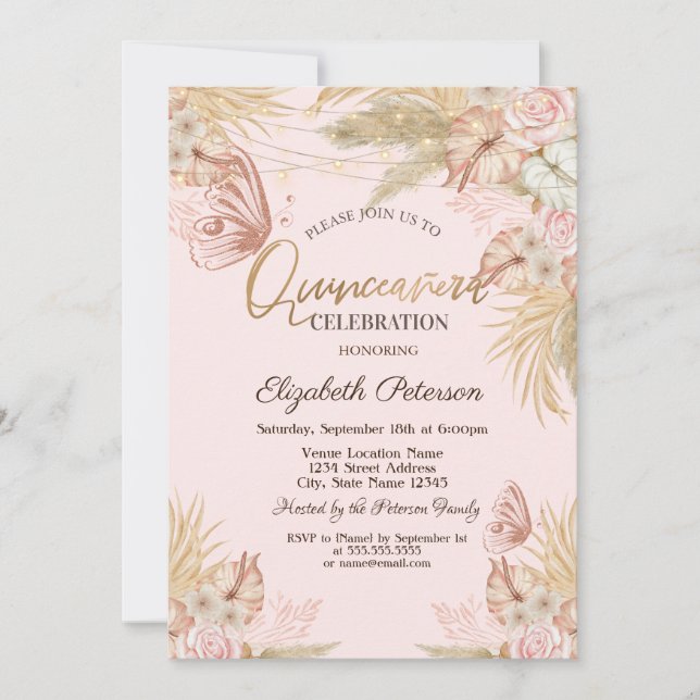 Pampasgräs Fjärilar Quinceañera  Inbjudningar (Framsida)