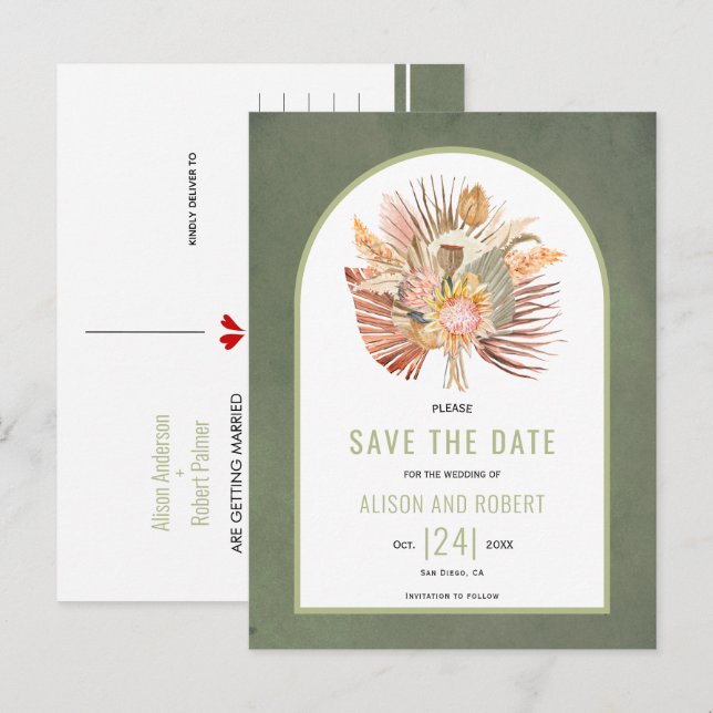 Pampasgräs, gröna palmblad Save the Date Vykort (Fram/baksida)