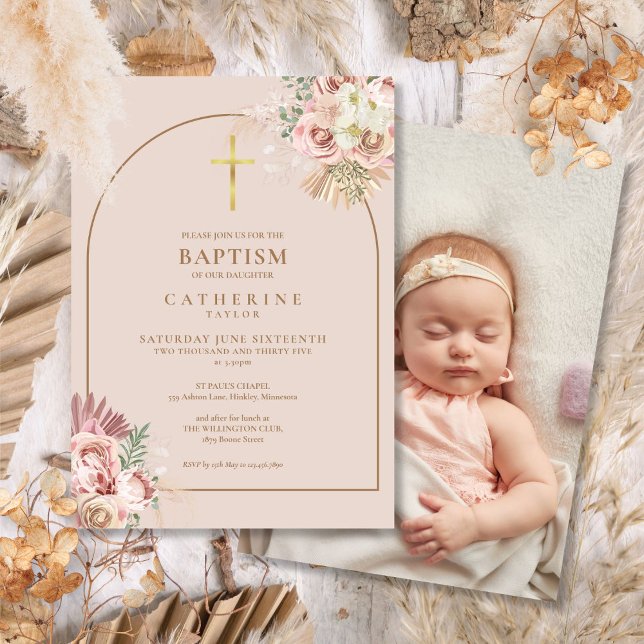 Pampasgräs Guld Foto Dop Nya Barn  Inbjudningar (Pampas Grass Gold Photo Baptism Christening Invitation)