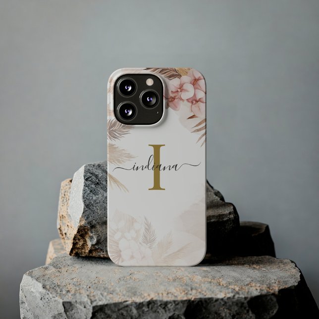 Pampasgräs Monogram Namn Initial Terrakotta (Pink Floral Pampas Grass Monogram Custom Phone Case)