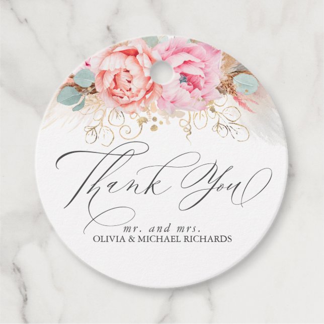 Pampasgräs och rosa blommor tack gåvor etiketter (Framsida)