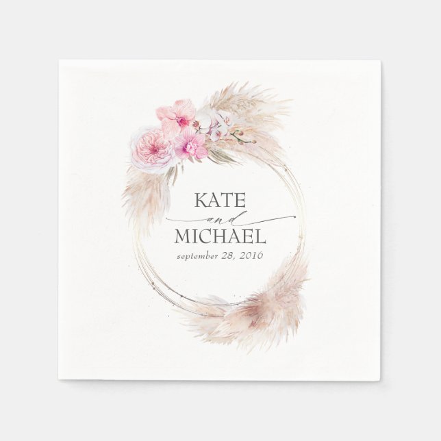 Pampasgräs och rosa orkidéer blomster tropisk pappersservett (Framsidan)