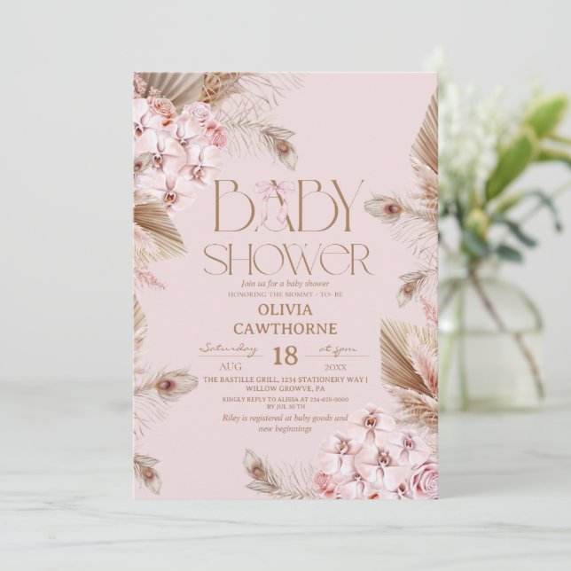 Pampasgräs  och rosablommande orkidé Baby Shower  Inbjudningar (Stående Fram)