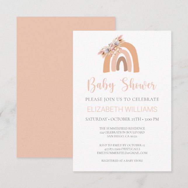 Pampasgräs Pastell Rosa Regnbåge Baby Shower Inbju Inbjudningar (Fram/baksida)