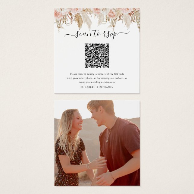 Pampasgräs QR-kod Foto Bröllop Svaromslut Fyrkantigt Visitkort (Framsida & baksida)