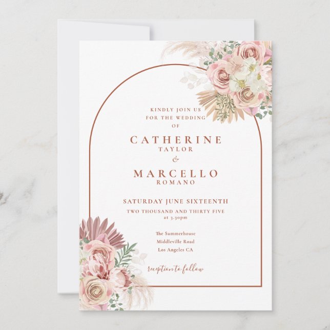 Pampasgräs Terrakotta Båge Blommig Bröllop Inbjudningar (Framsida)
