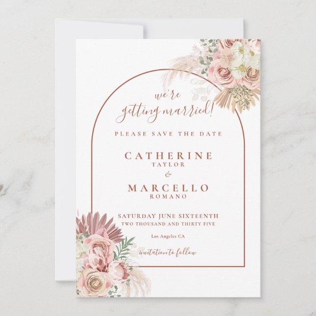 Pampasgräs Terrakotta Båge Boho Bröllop Spara Datumet (Framsida)