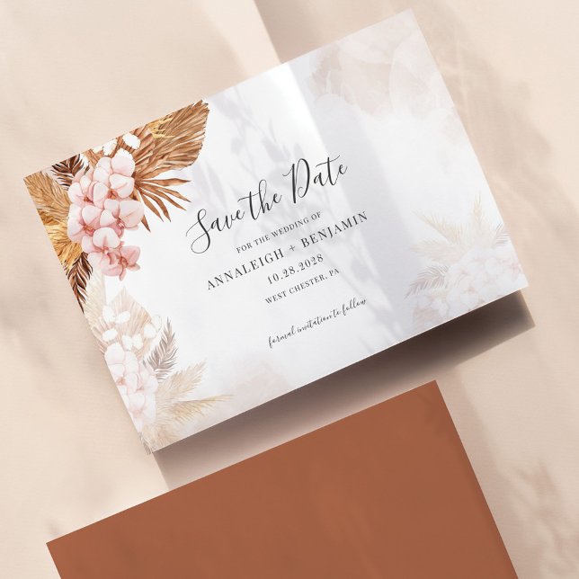Pampasgräs Terrakotta Script Botanisk Spara Datumet (Pampas Grass Terracotta Save the Date Announcement)