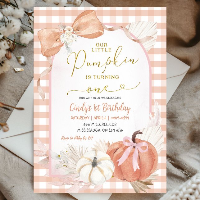 Pampass Gingham Pumpkin is One First Birthday Inbjudningar (Skapare uppladdad)