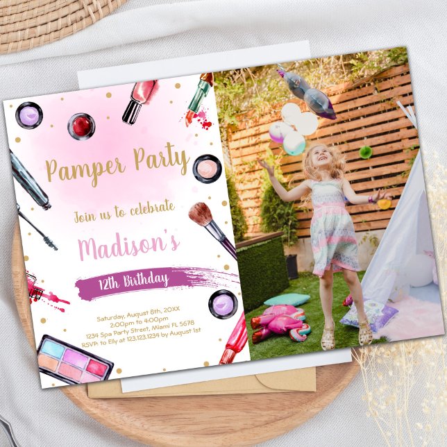 Pamper Party-födelsedagsinbjudningar med foto Inbjudningar (Pamper Party Birthday Invitations with photo)