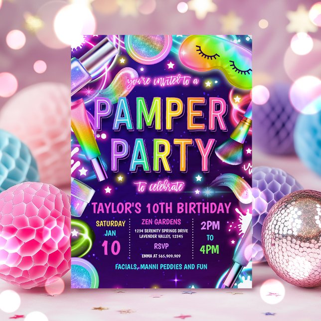 Pamper Party Glow Neon Spa Makeup Födelsedagsfest Inbjudningar (Skapare uppladdad)