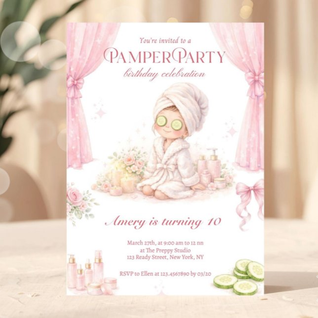 Pamperfest Födelsedagsfest | Rosa Chic Spa-fest Inbjudningar (spa party invitation, pamper party invite, girls birthday spa, sleepover invitation, pink birthday i)