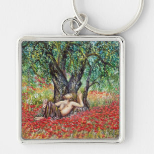 PAN, OLIVE TRÄD OCH POPY FÄLT FYRKANTIG SILVERFÄRGAD NYCKELRING