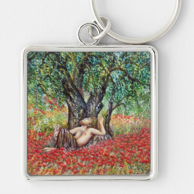 PAN, OLIVE TRÄD OCH POPY FÄLT FYRKANTIG SILVERFÄRGAD NYCKELRING (Framsidan)