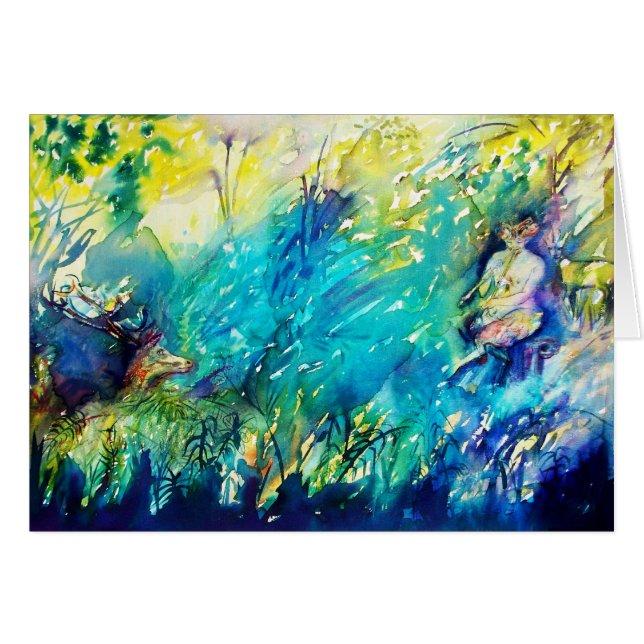 PAN PLAYTE FLUTE OCH HJORT I GRÖNT WOODLAND HÄLSNINGSKORT (Framsidan Horizontal)