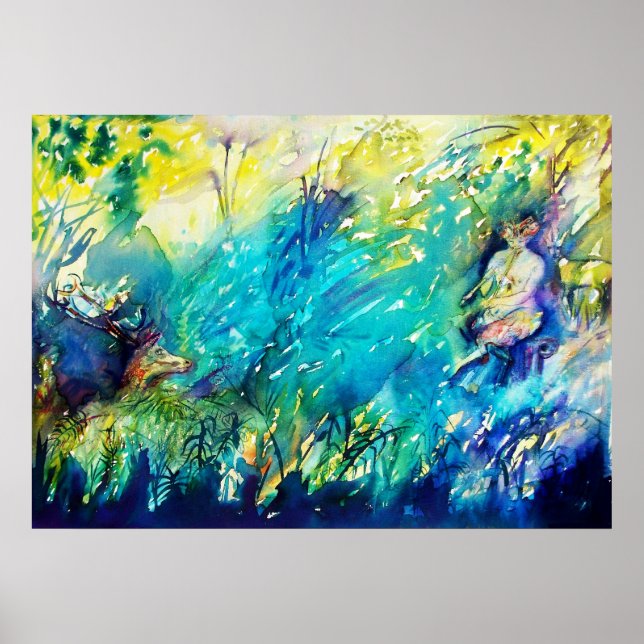 PAN PLAYTE FLUTE OCH HJORT I GRÖNT WOODLAND POSTER (Framsidan)