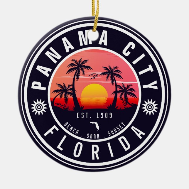 Panama City Beach Florida Retro Sunset Handflatan  Julgransprydnad Keramik (Framsidan)