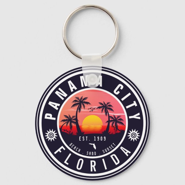 Panama City Beach Florida Retro Sunset Handflatan  Nyckelring (Framsida)