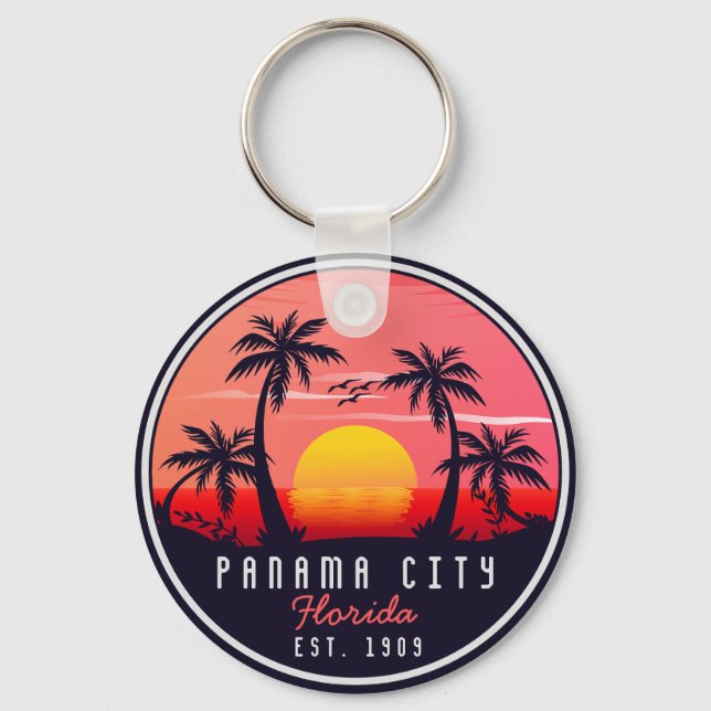 Panama City Beach Florida Retro Sunset Handflatan  Nyckelring (Framsida)