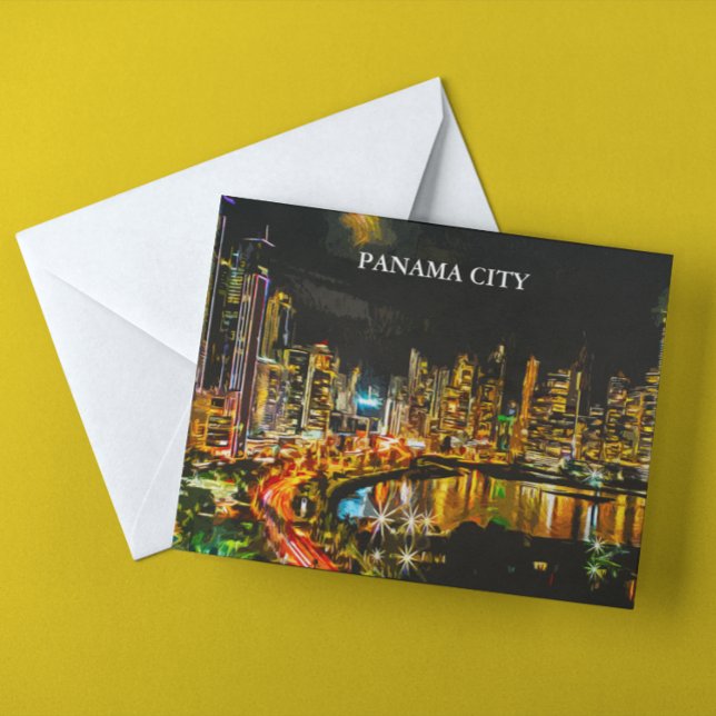 Panama City by Night Panorama View Painting Vykort (Panama City By Night Panorama View Painting Postcard)