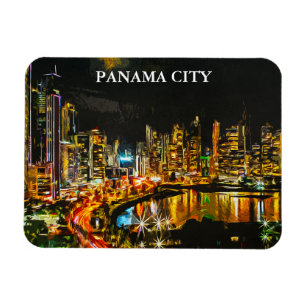 Panama City by Night Watercolor Skyline Painting Magnet
