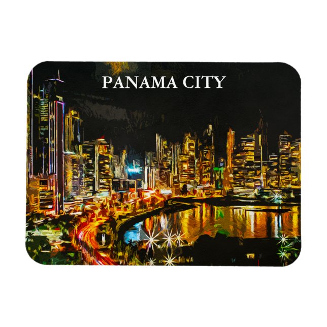 Panama City by Night Watercolor Skyline Painting Magnet (Horisontell)