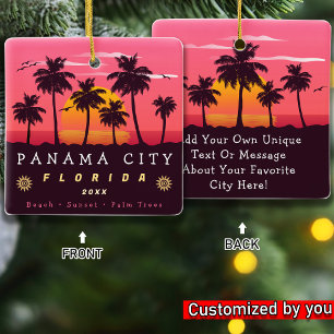 Panama City Florida Retro Sunset Handflatan träd 1 Julgransprydnad Keramik