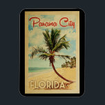 Panama City Handflatan Träd Vintage resor Magnet<br><div class="desc">En unik retro i mitten av århundradet,  modern Pama City Florida-konst i vintage resor poster stil. Den har en böjd handflatan träd på sandstranden med hav under ett blått grumligt himlar.</div>