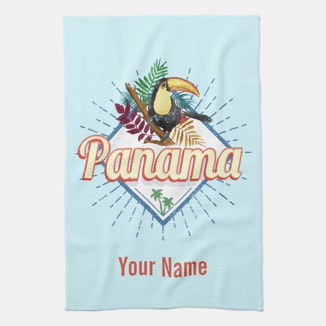 Panama City Toucan Retro Handflatan Träd Vintage Kökshandduk (Vertikal)