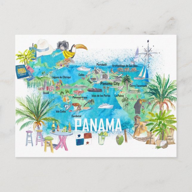Panama Illustrated Travel Karta Vykort (Framsida)