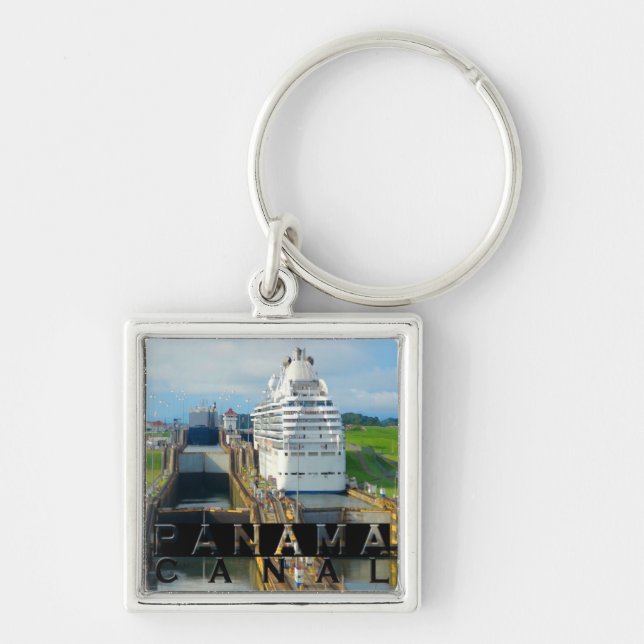 Panama kanalsouvenir fyrkantig silverfärgad nyckelring (Framsidan)