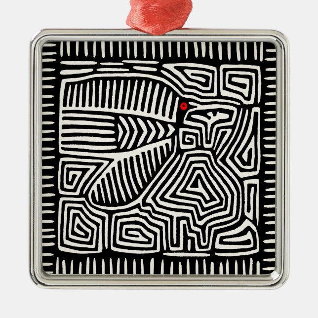 Panama Kuna Indian Mola Fågel - Svart Vitt Julgransprydnad Metall (Framsidan)