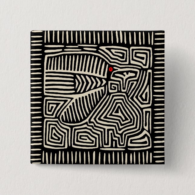 Panama Kuna Indian Mola Fågel - Svart Vitt Knapp (Framsida)