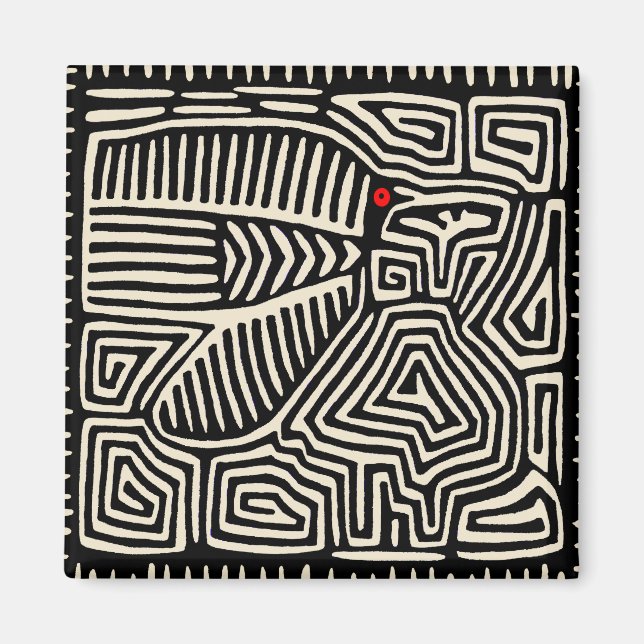 Panama Kuna Indian Mola Pajaro - Black White Magnet (Framsidan)