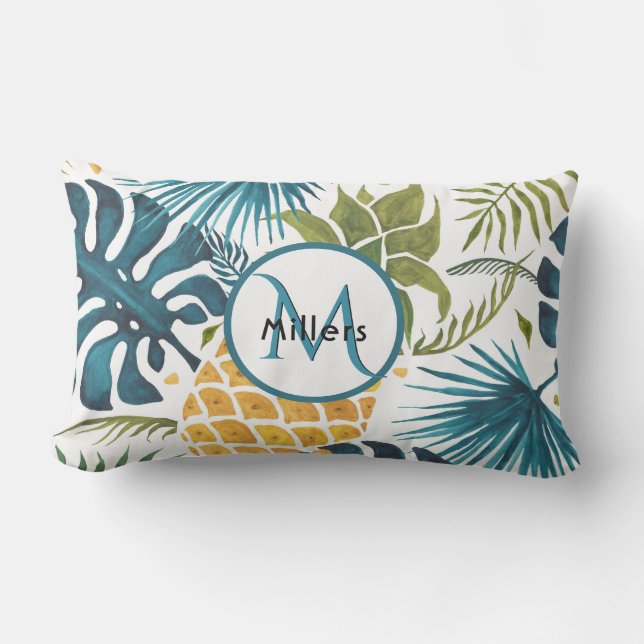 Pananas tropiska blå monogram lumbarkudde (Framsida)