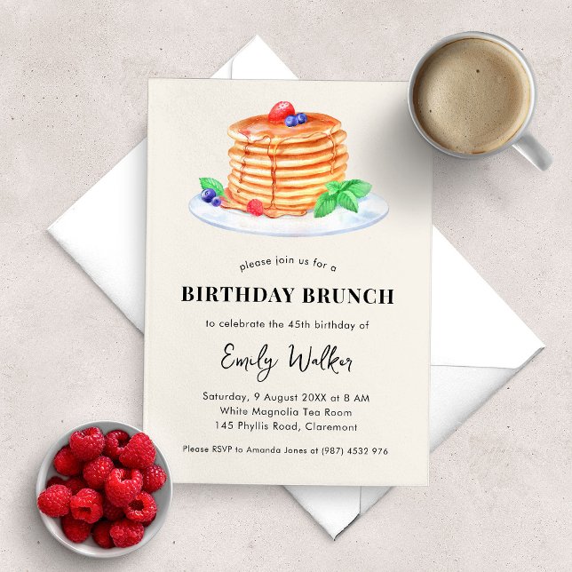 Pancake Birthday Brunch Party Inbjudningar (birthday brunch party invitation with a watercolor illustration of a stack of pancakes with honey)