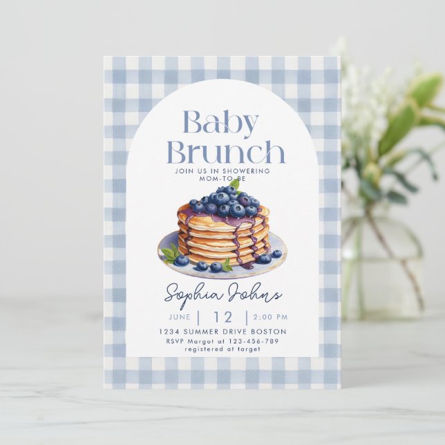Pancake Blueberry Gingham Baby Brunch Baby Shower Inbjudningar (Stående Fram)