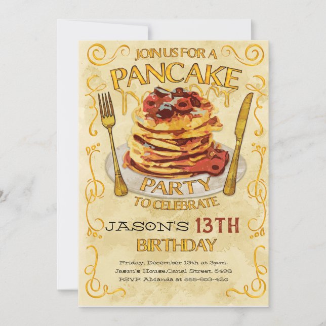 Pancake Party Invitation, Birthday Party  Inbjudningar (Framsida)