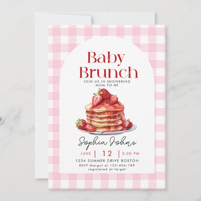 Pancake Strawberry Gingham Baby Brunch Baby Shower Inbjudningar (Framsida)