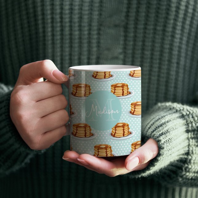 Pancakes med Maple Syrup & Polkadot Mönster Kaffemugg (Pancake with Maple Syrup & Polkadots Pattern Monogrammed Coffee Mug)