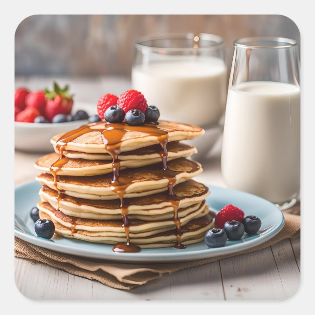 Pancakes och Mjölk Fyrkantigt Klistermärke (Framsida)