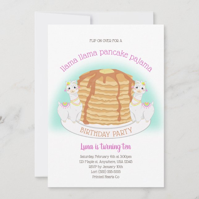 Pancakes och Pajamas Birthday | Llama Inbjudningar (Framsida)