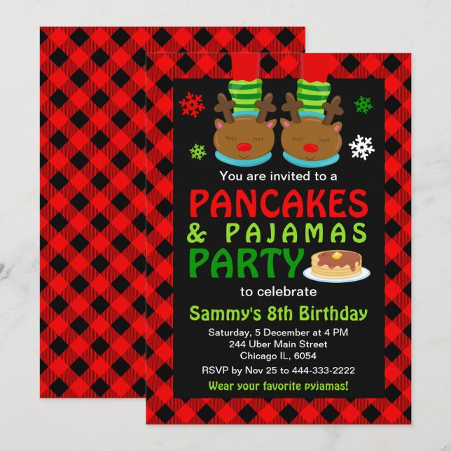 Pancakes och Pajamas Birthday Reindeer Red Play I Inbjudningar (Fram/baksida)