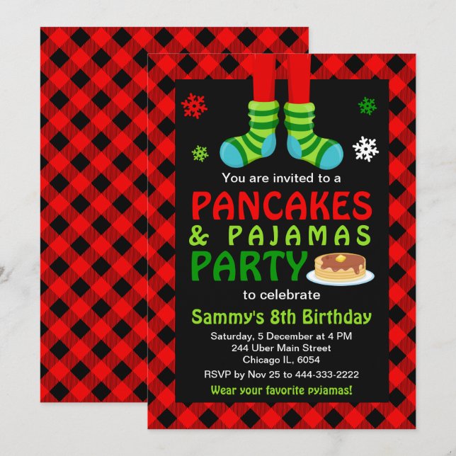 Pancakes och Pajamas Birthday Socks Red Play Invi Inbjudningar (Fram/baksida)