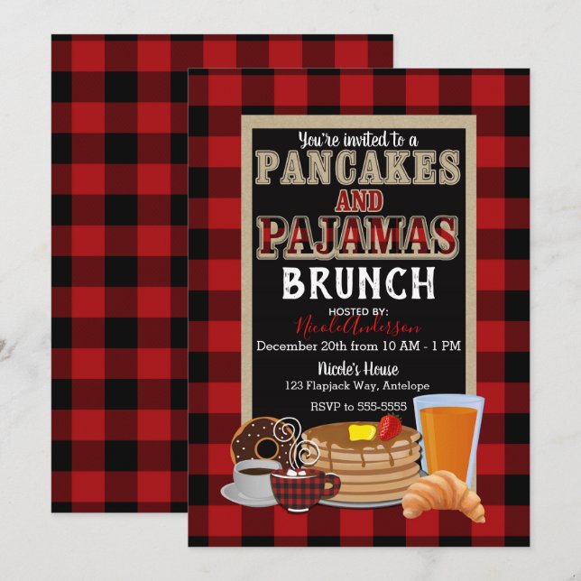 Pancakes och Pajamas Brunch Red Buffalo Play Inbjudningar (Fram/baksida)