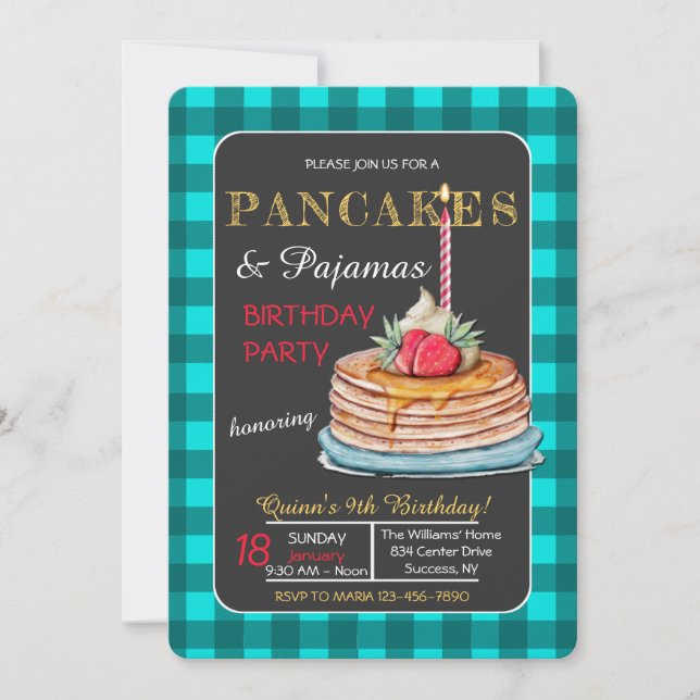 Pancakes och Pajamas Födelsedagsfest inbjudan (Framsida)
