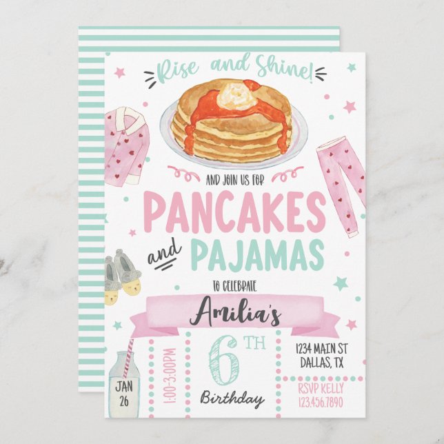 Pancakes och Pajamas Födelsedagsfest inbjudan (Fram/baksida)